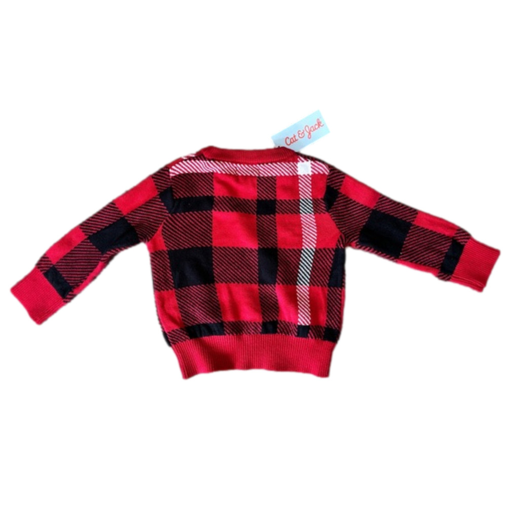 New Boy's‎ Red Black White Plaid Sweater Size 12 Months - Picture 2 of 4